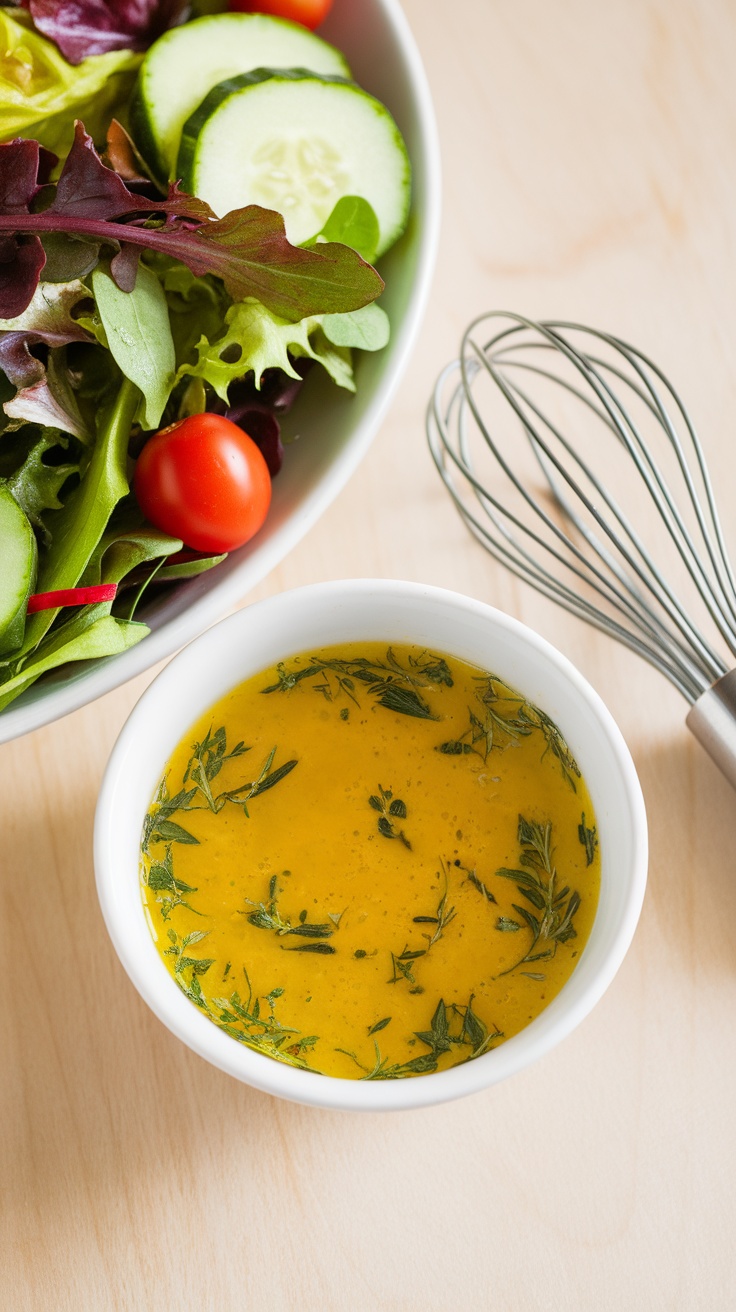 Zesty Lemon Vinaigrette Recipe A bowl of zesty lemon vinaigrette with herbs beside a fresh salad on a wooden table.