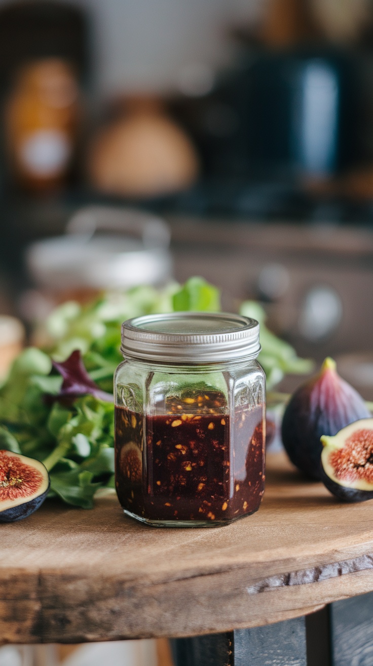 Balsamic Fig Salad Dressing Recipe Homemade balsamic fig dressing in a jar, surrounded by salad greens and fresh figs.