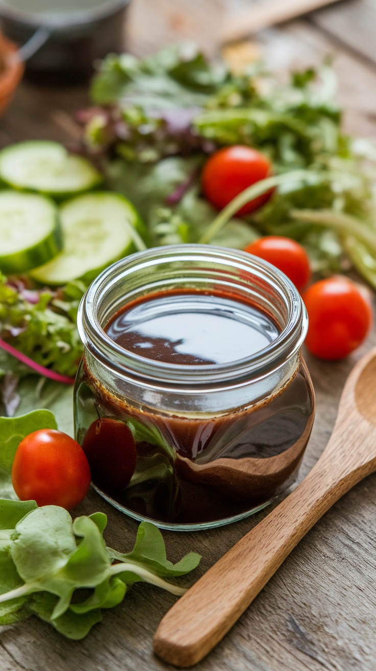 Maple Balsamic Dressing Recipe Maple balsamic dressing in a jar with salad ingredients on a wooden table.
