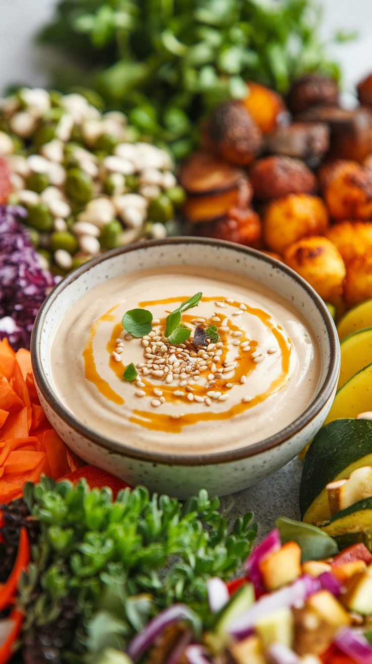 Creamy Tahini Dressing Recipe A bowl of creamy tahini dressing garnished with sesame seeds, surrounded by salads and vegetables.