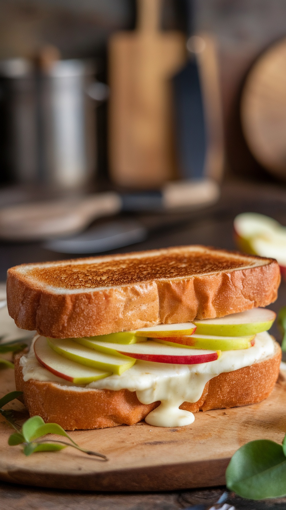 A delicious Apple and Brie Grilled Cheese sandwich with apple slices peeking out, resting on a wooden cutting board.