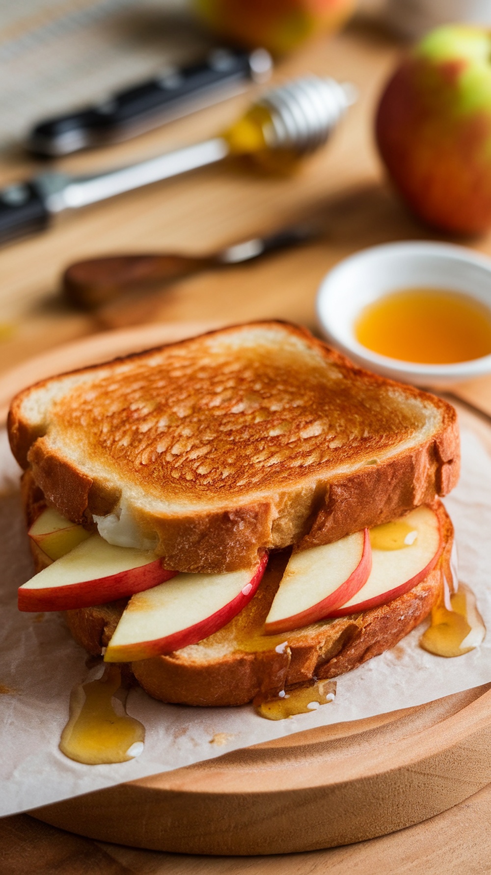 Grilled cheese sandwich with apple slices and honey on a wooden board