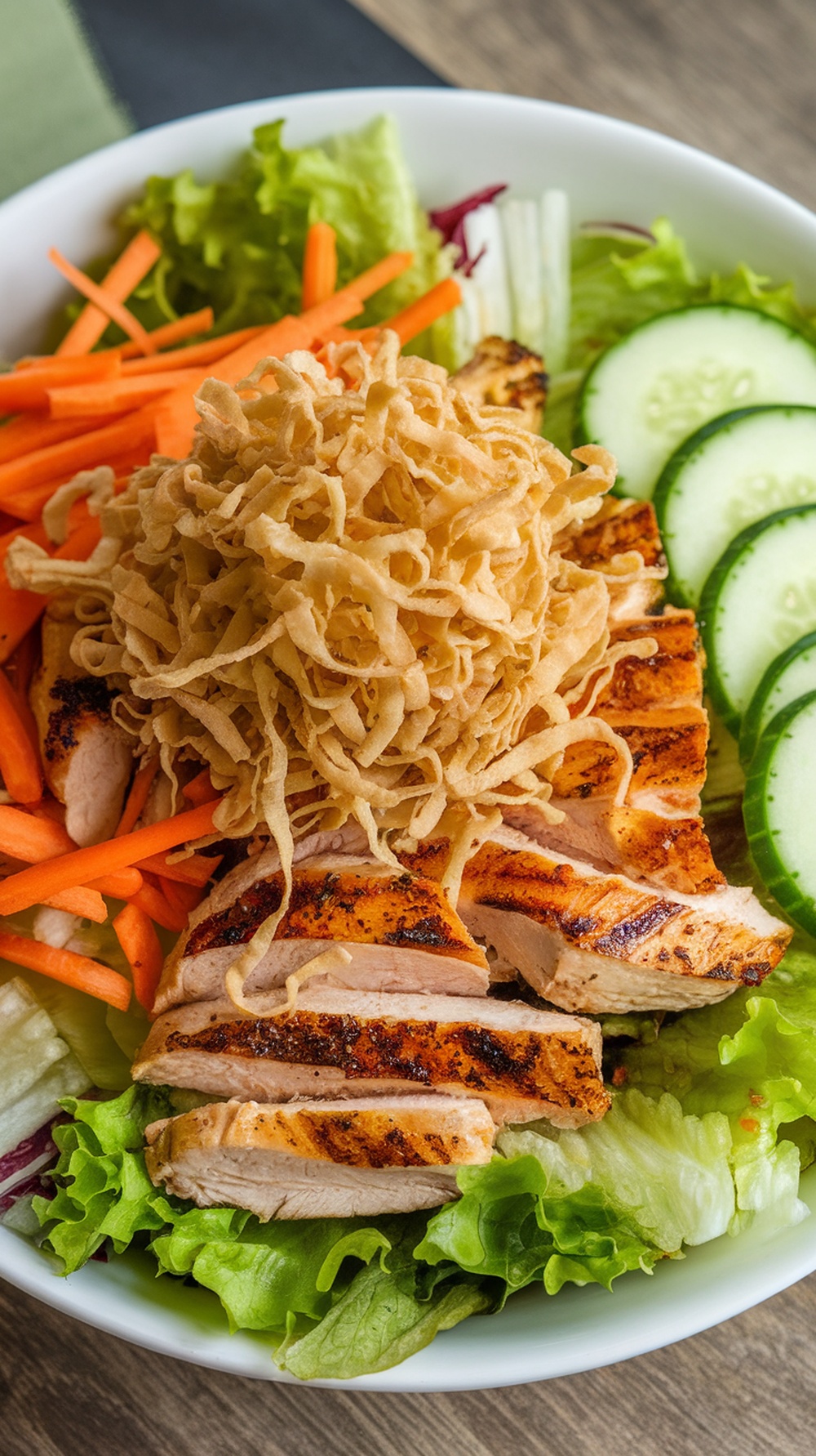 A vibrant Asian sesame grilled chicken salad with crunchy noodles, featuring sliced grilled chicken, fresh vegetables, and a sprinkle of crispy noodles.