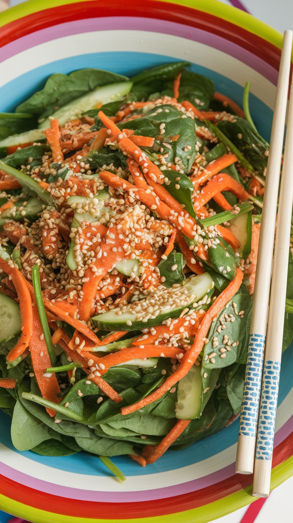 A colorful Asian spinach salad with sesame dressing, featuring spinach, carrots, and cucumbers in a bowl.
