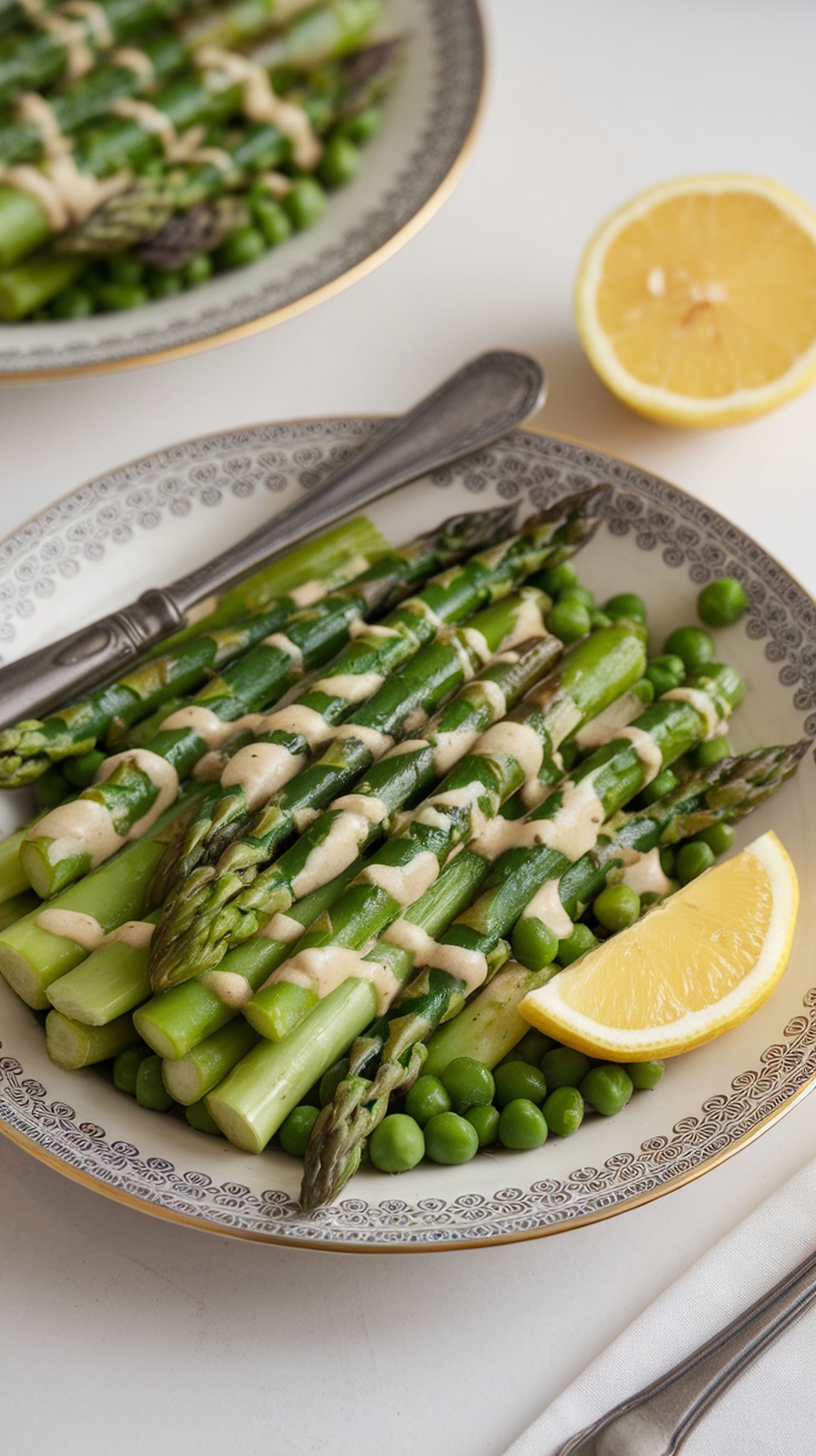A plate of asparagus and pea salad drizzled with lemon vinaigrette, garnished with lemon wedges.