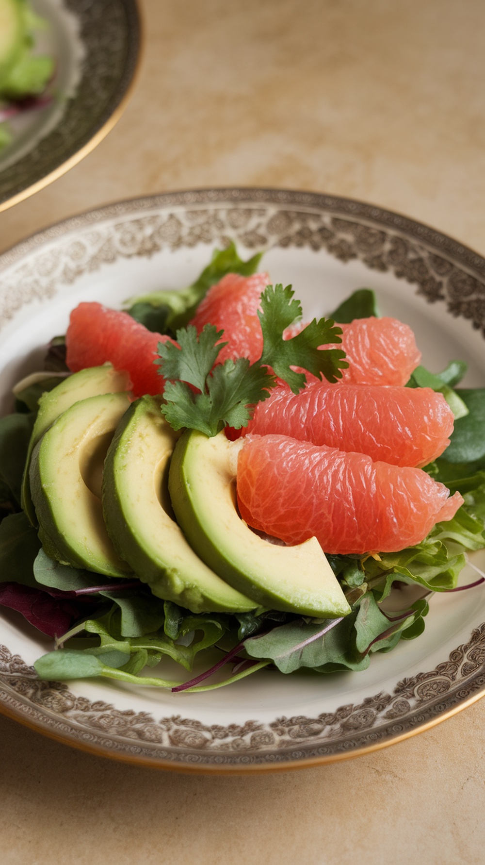 A vibrant avocado and grapefruit salad with cilantro on a decorative plate.