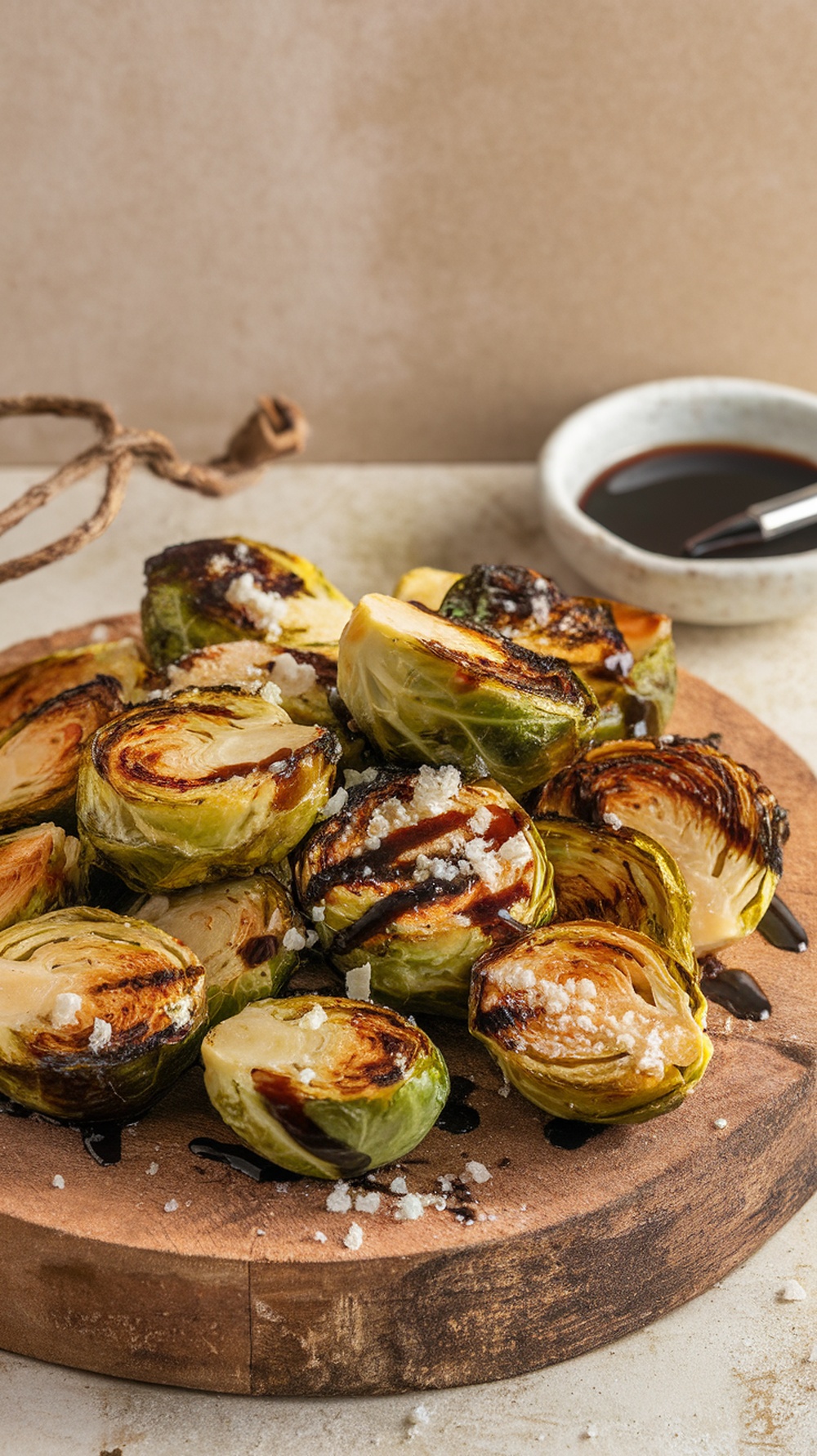 Balsamic glazed grilled Brussels sprouts on a wooden board