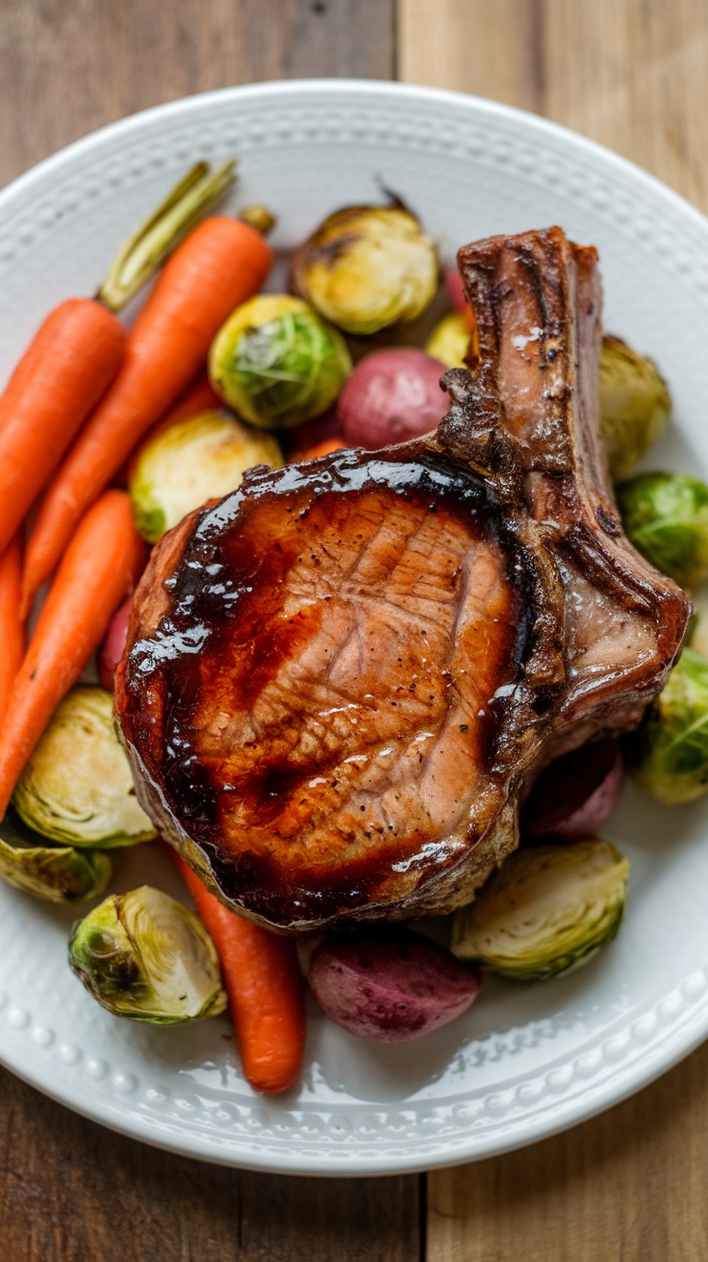 A plate of balsamic glazed grilled pork chops served with roasted carrots and Brussels sprouts.