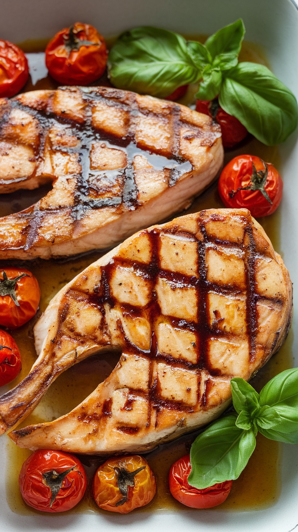 Grilled swordfish steaks with balsamic glaze and cherry tomatoes