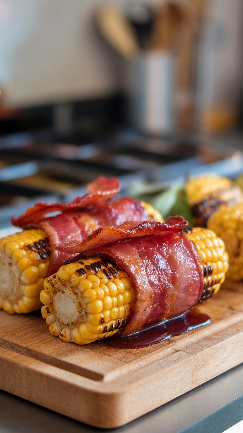 BBQ Bacon-Wrapped Grilled Corn on a wooden cutting board