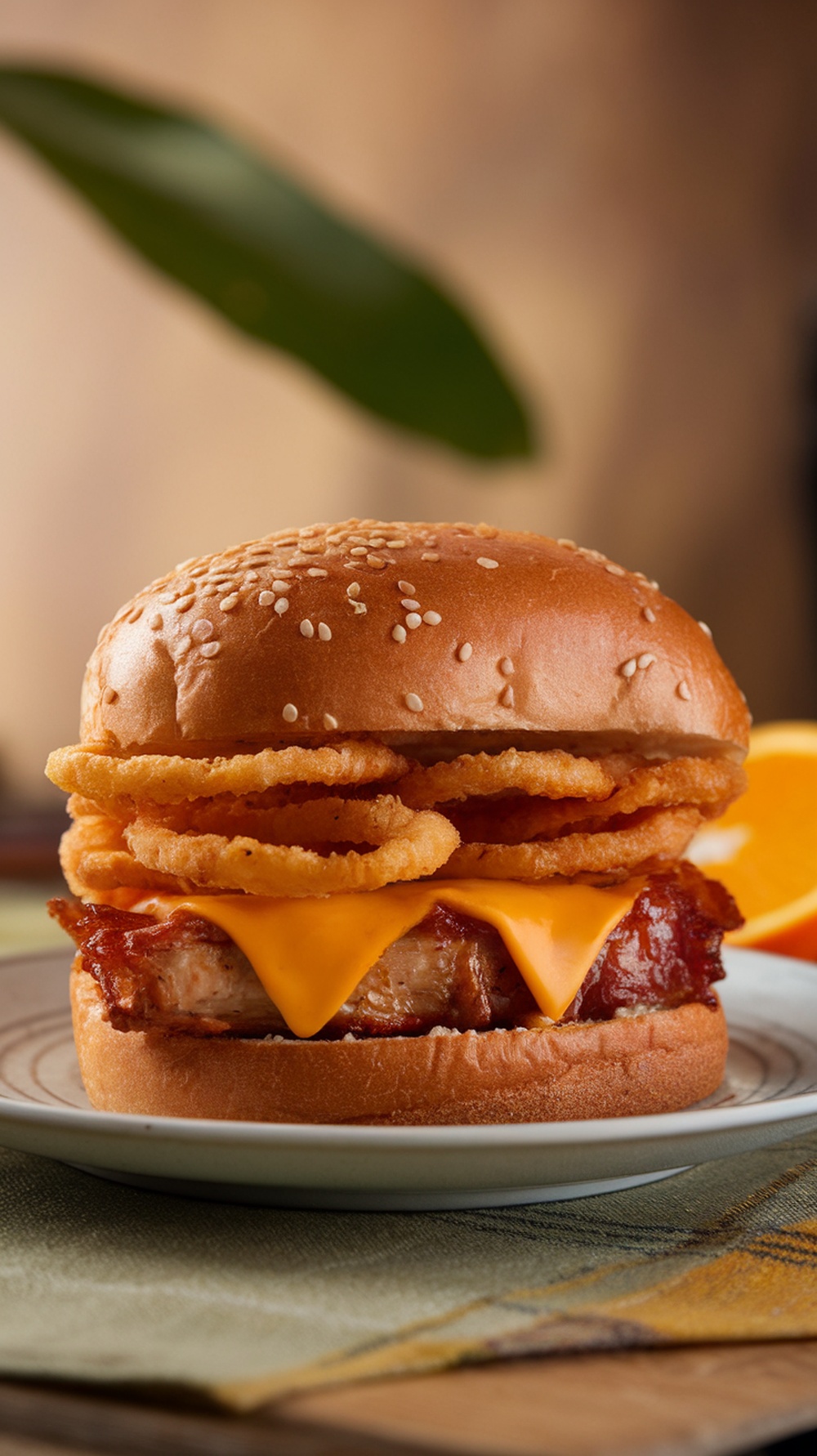 BBQ Bacon Grilled Chicken Sandwich with onion rings and cheddar cheese on a sesame seed bun
