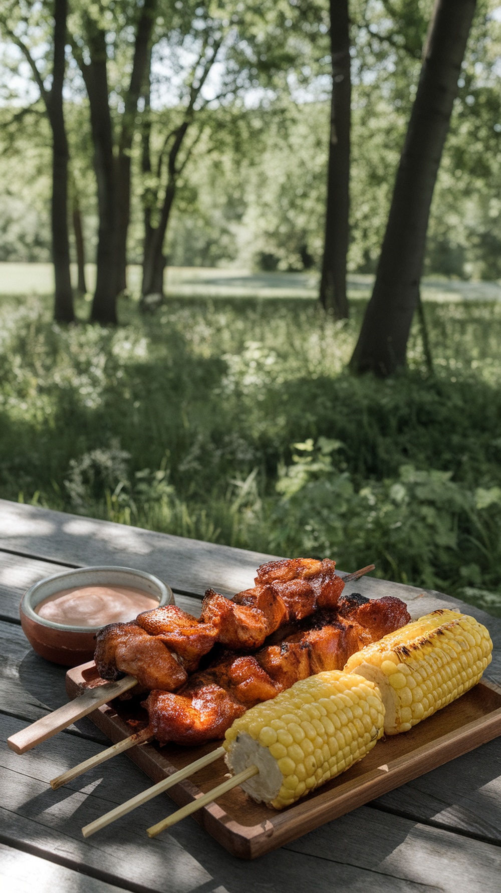 BBQ Chicken and Corn on the Cob Skewers on a wooden board outdoors