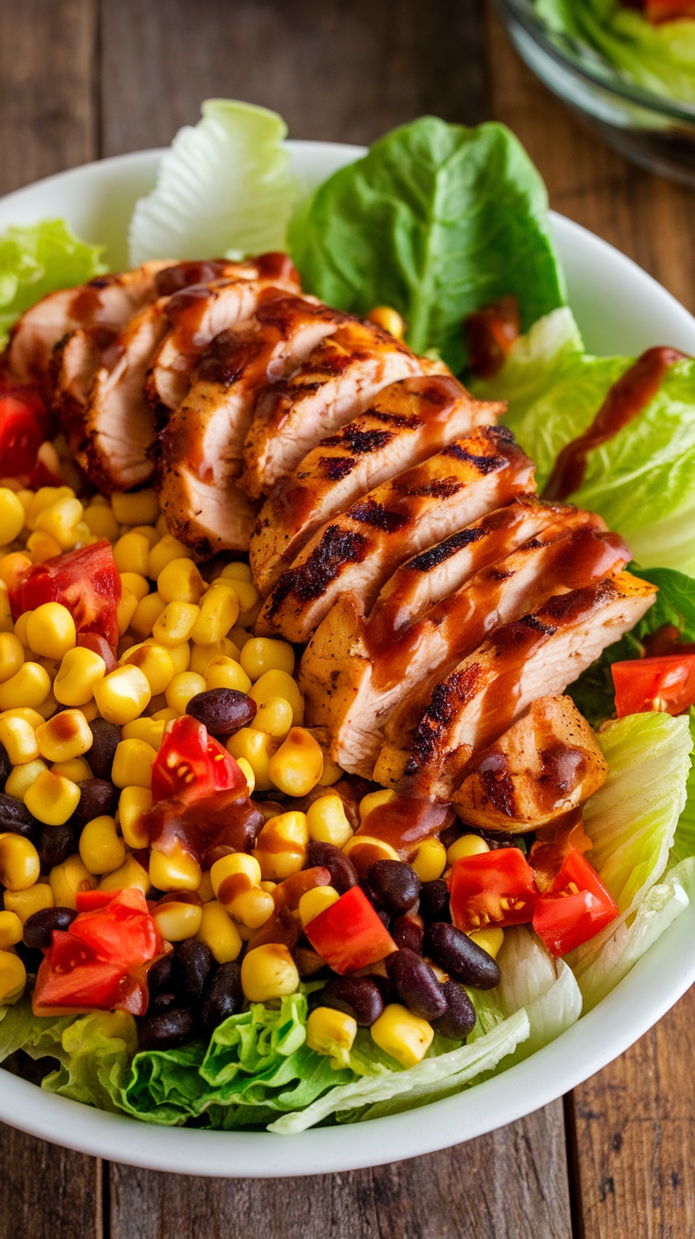 A colorful BBQ Grilled Chicken Salad with corn, black beans, and sliced grilled chicken on top.