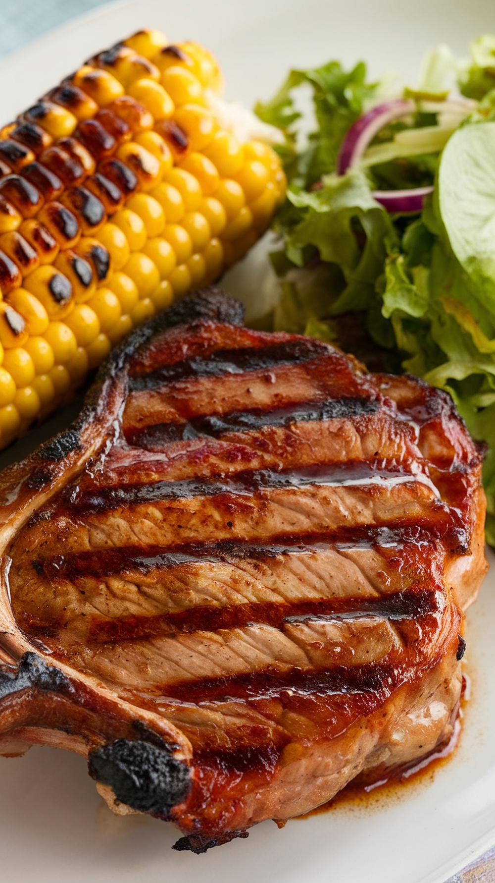 BBQ grilled pork chops served with corn on the cob and salad