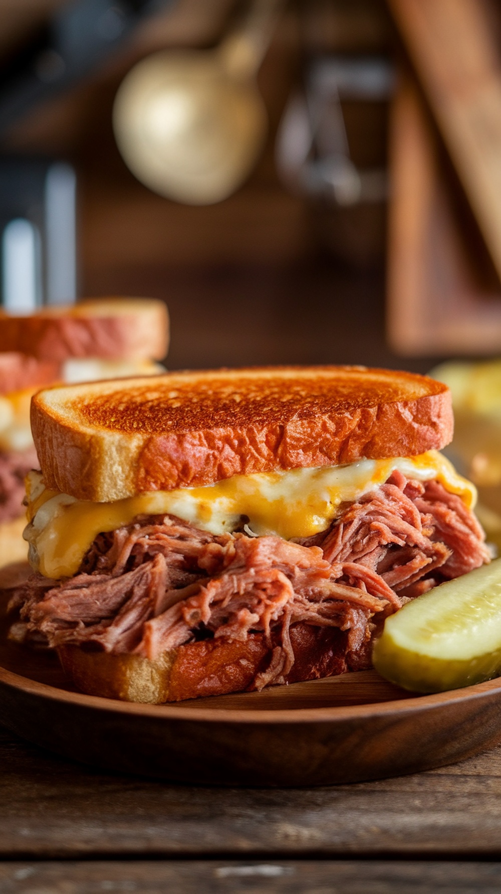A delicious BBQ Pulled Pork Grilled Cheese sandwich with melted cheese and pulled pork, served on toasted bread.