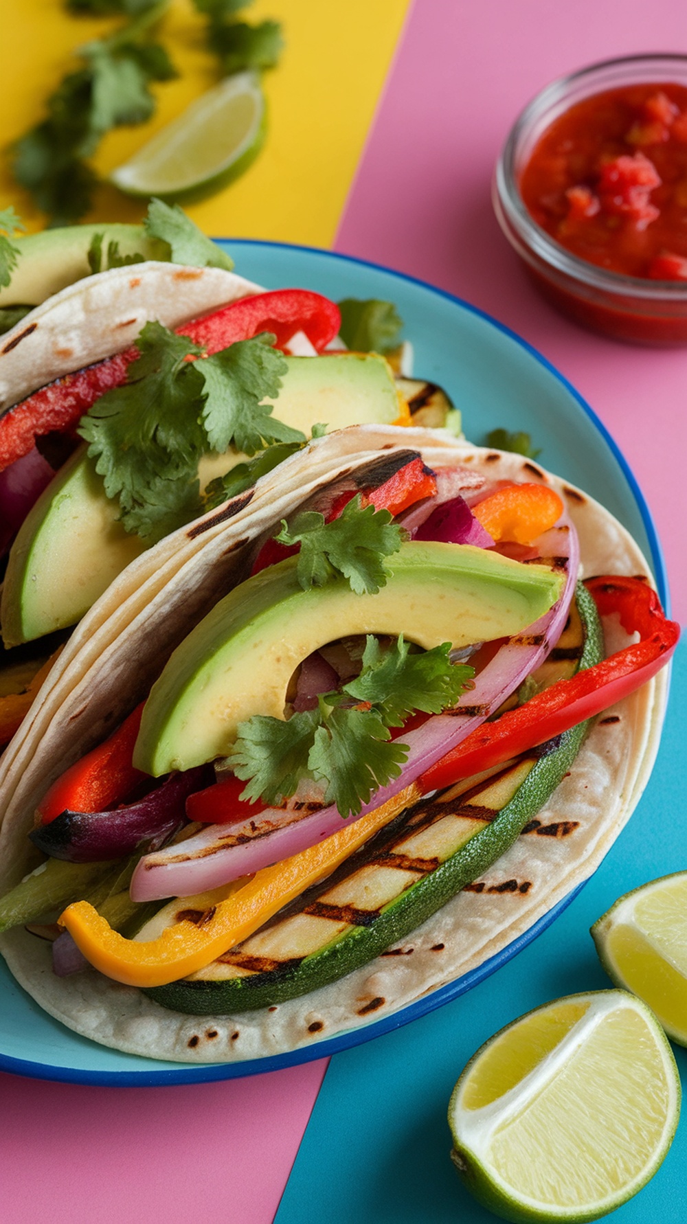 Colorful grilled vegetable tacos with avocado and cilantro on a vibrant plate.