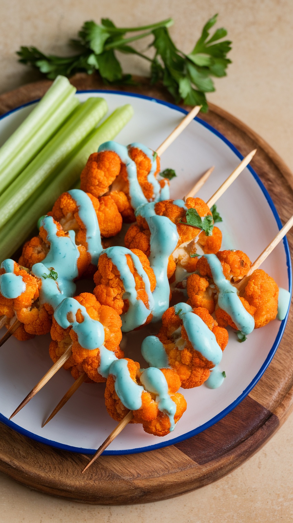 Buffalo Cauliflower and Blue Cheese Skewers on a plate with celery sticks