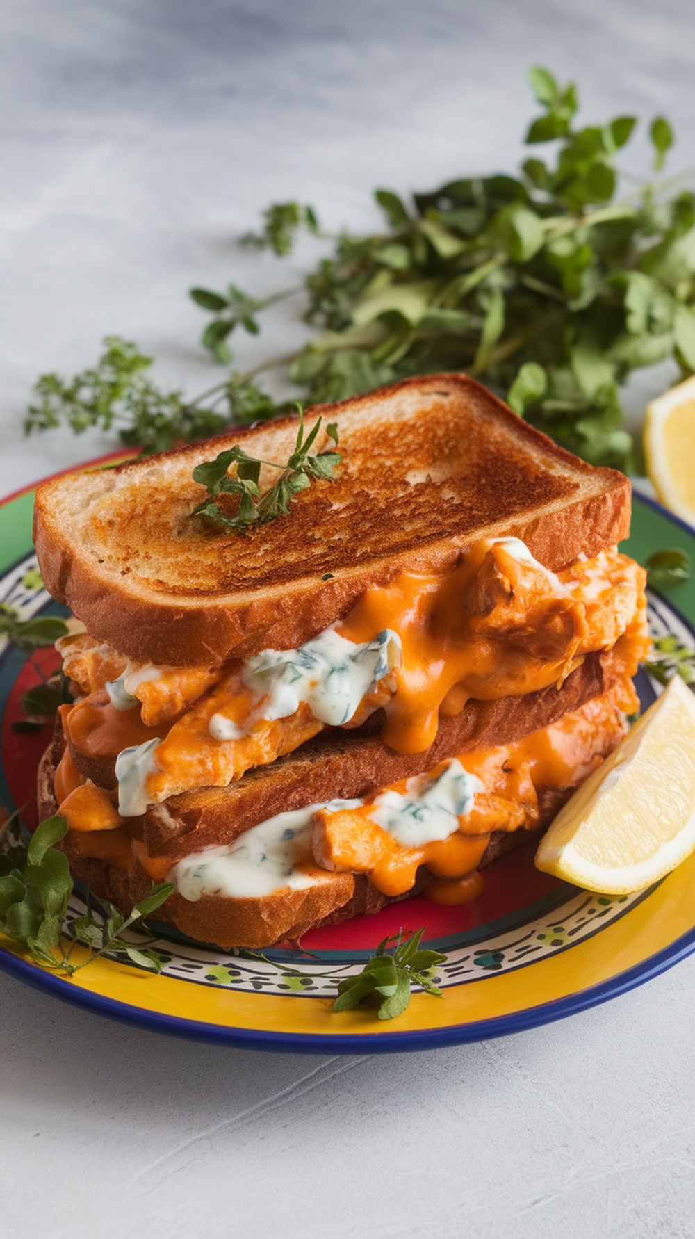 A delicious Buffalo Chicken Grilled Cheese sandwich stacked on a colorful plate with herbs and lemon slices.
