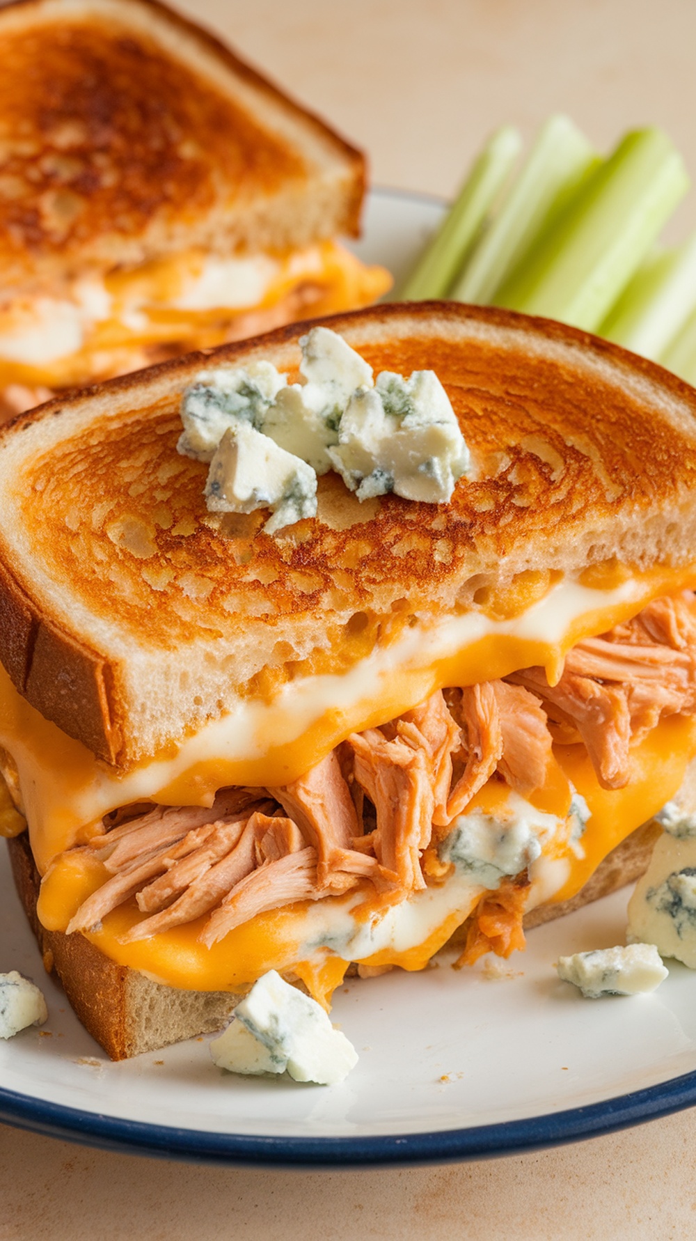 A delicious Buffalo Chicken Grilled Cheese sandwich with melted cheese and shredded chicken, served with celery sticks.