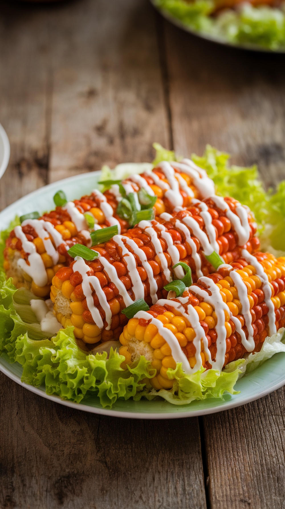 Grilled corn on the cob topped with buffalo sauce and ranch dressing, served on a plate with lettuce.