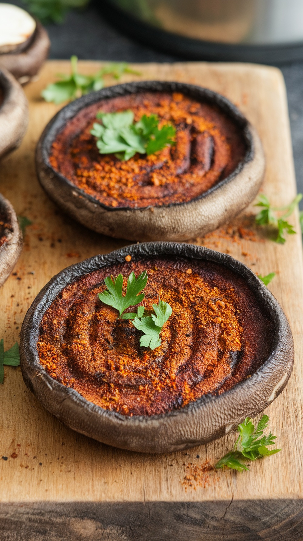 Cajun-spiced grilled portobello mushrooms on a wooden cutting board