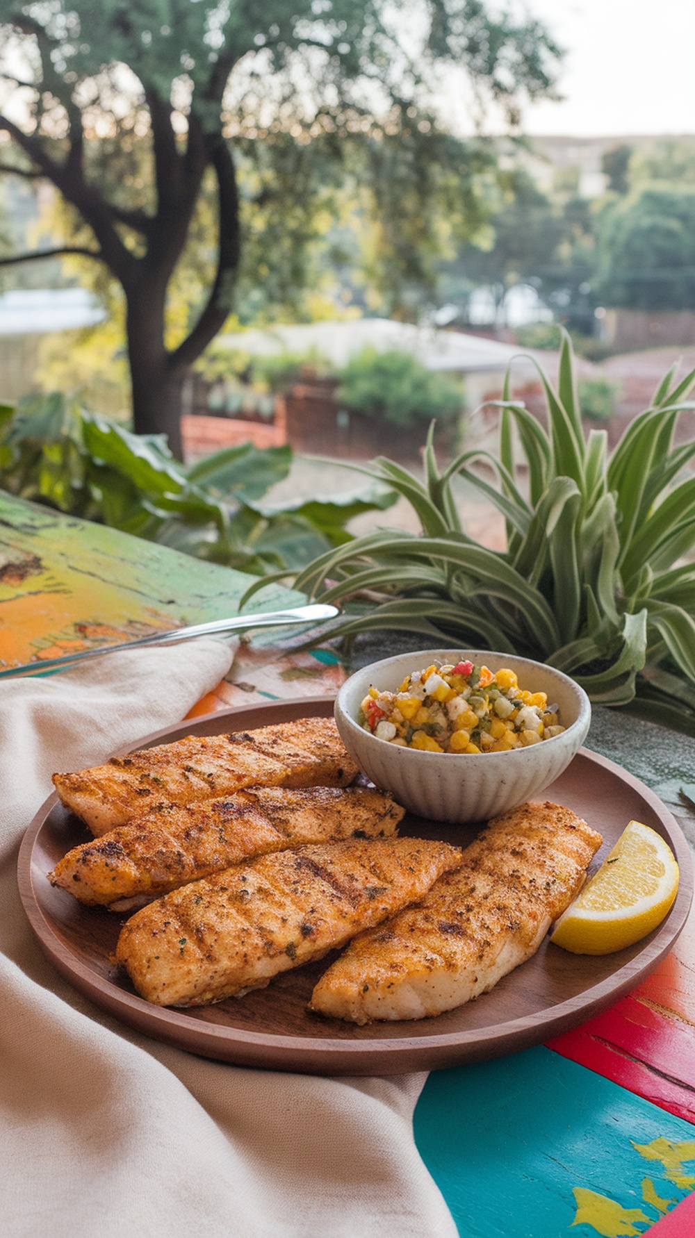 Cajun spiced grilled catfish served with corn salsa on a wooden plate