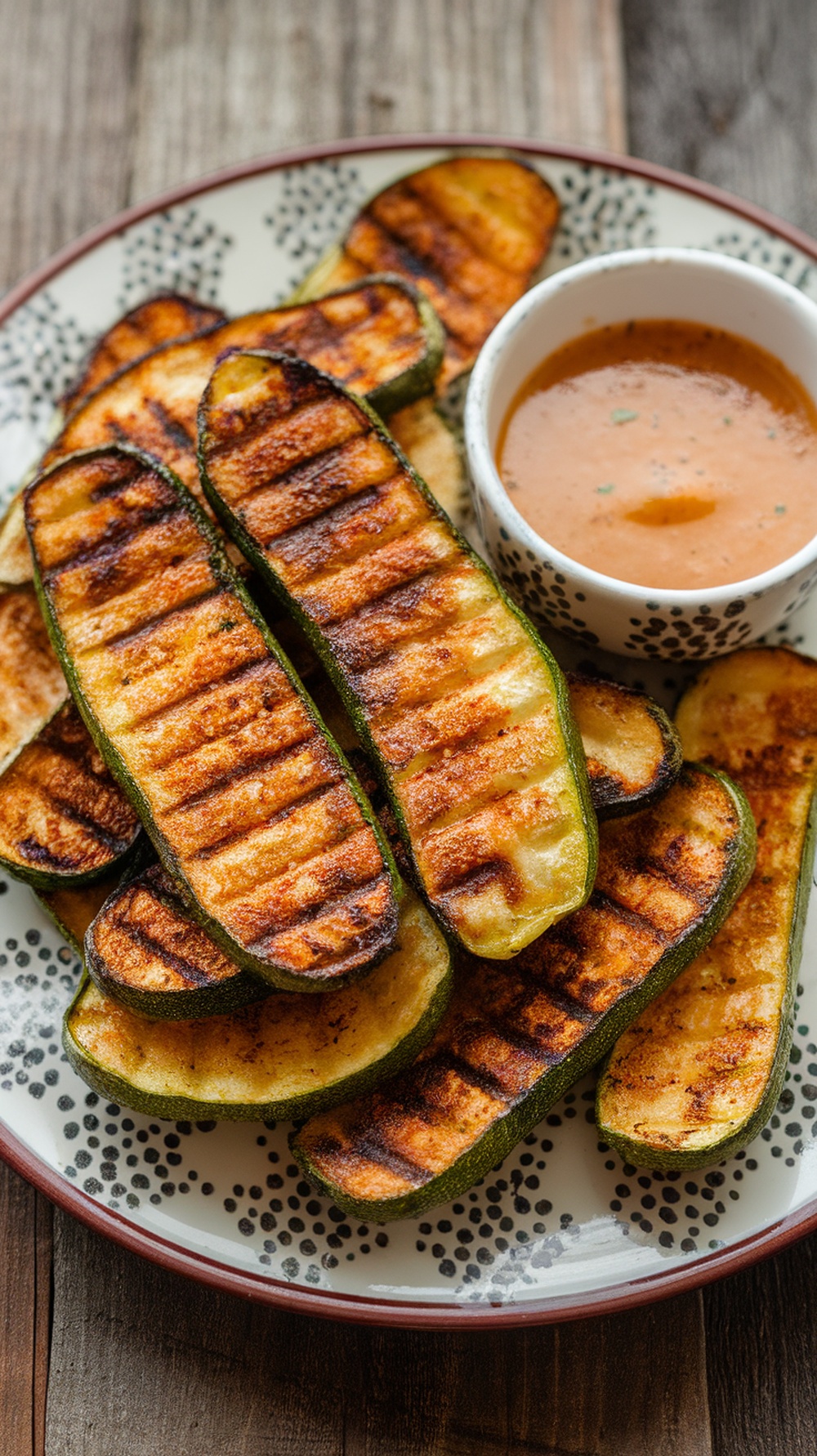 Cajun spiced grilled zucchini fries served with a dipping sauce