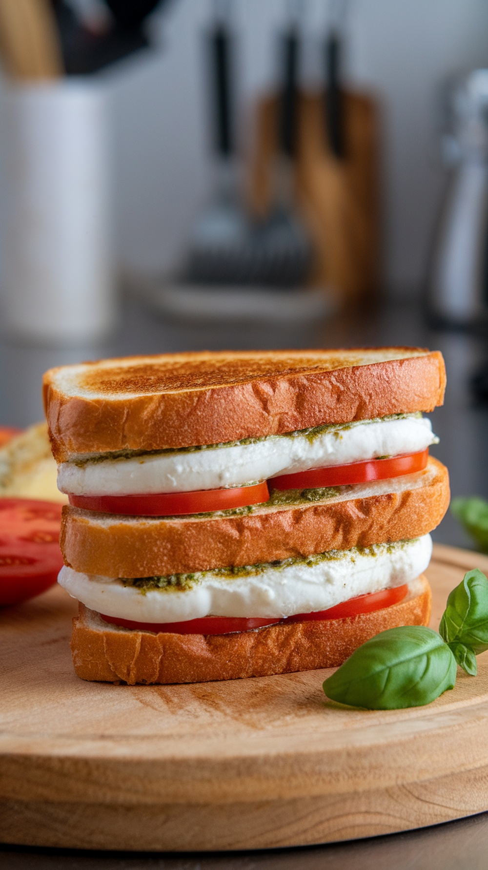 A delicious Caprese Grilled Cheese sandwich with layers of mozzarella, tomato, and basil pesto.