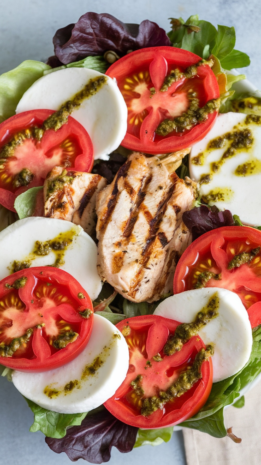 A vibrant Caprese Grilled Chicken Salad featuring grilled chicken, fresh tomatoes, mozzarella, and basil pesto.