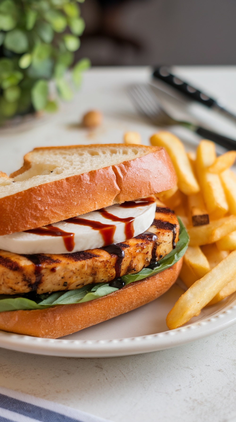 A delicious Caprese Grilled Chicken Sandwich with mozzarella, basil, and balsamic glaze, served with fries.