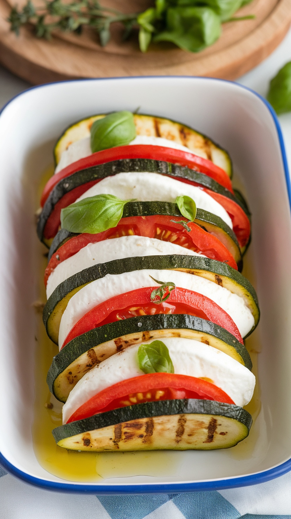 A colorful Caprese Grilled Zucchini Salad with layers of grilled zucchini, tomatoes, and mozzarella.