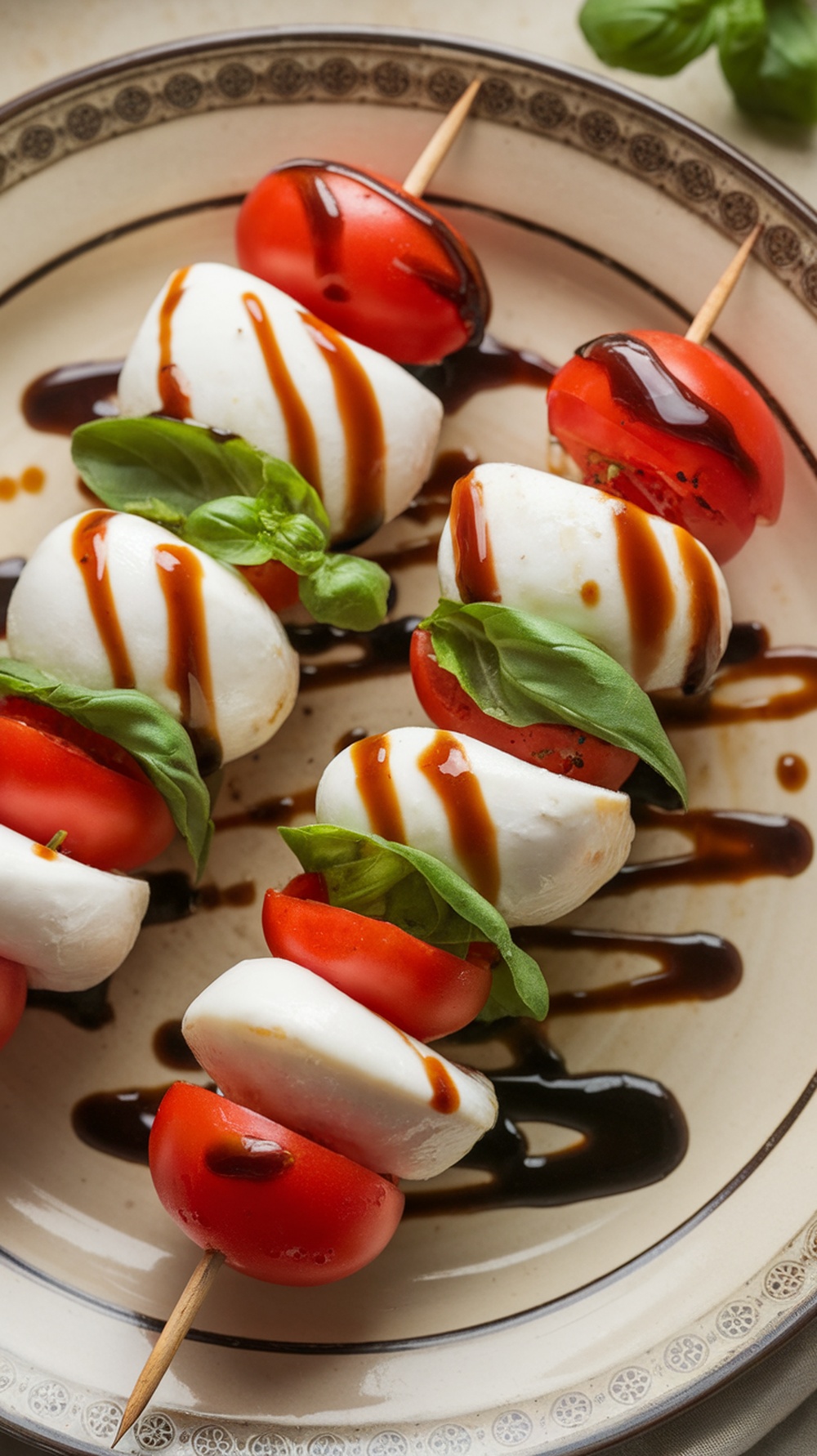 Caprese Salad Kabobs with Balsamic Glaze on a plate