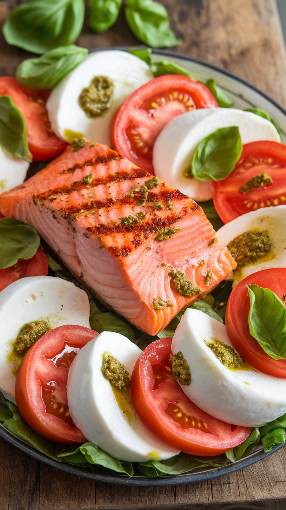 A vibrant Caprese Salmon Salad featuring grilled salmon, fresh mozzarella, tomatoes, and basil pesto.