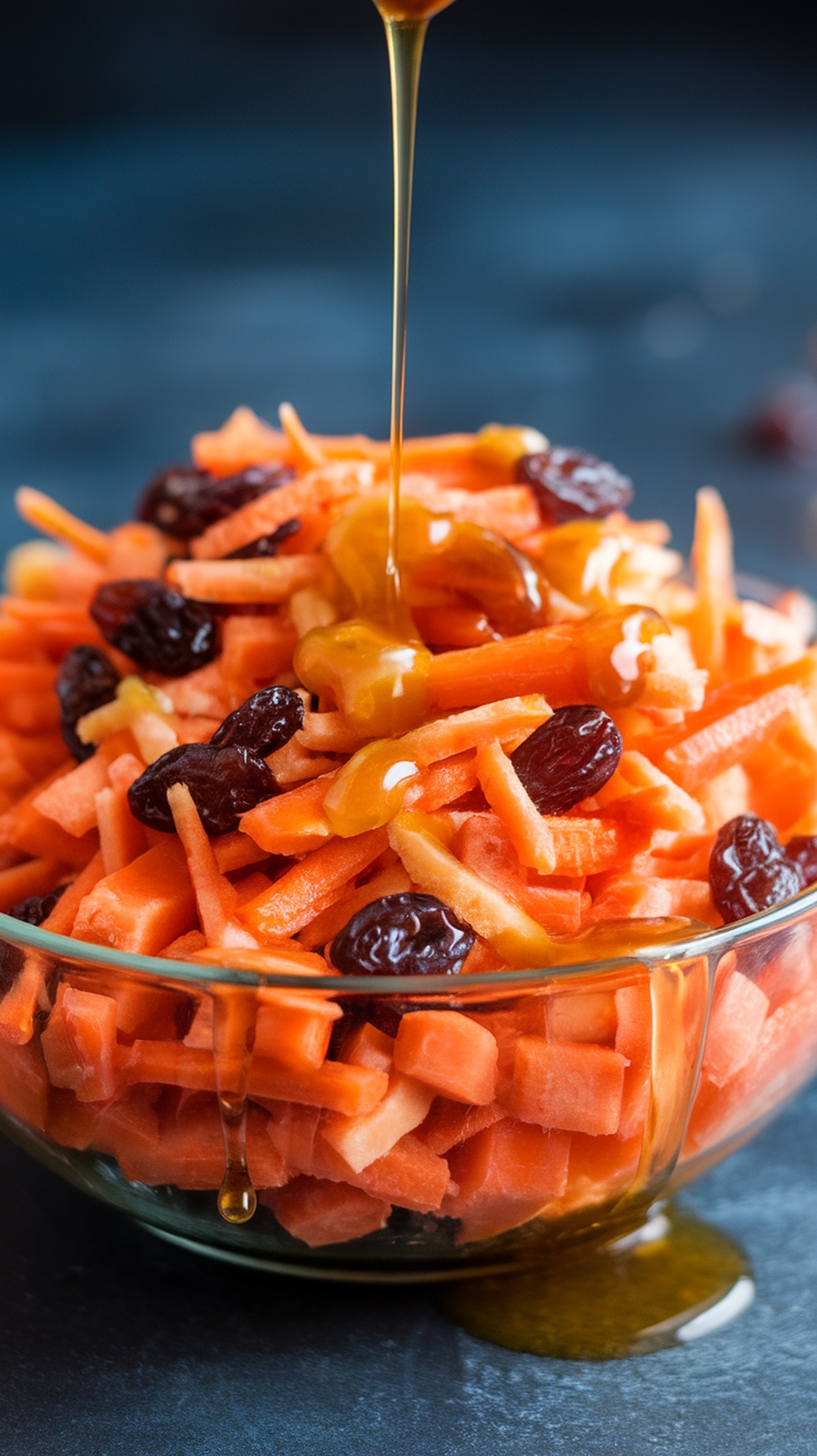 A vibrant bowl of carrot and raisin salad drizzled with honey dressing.