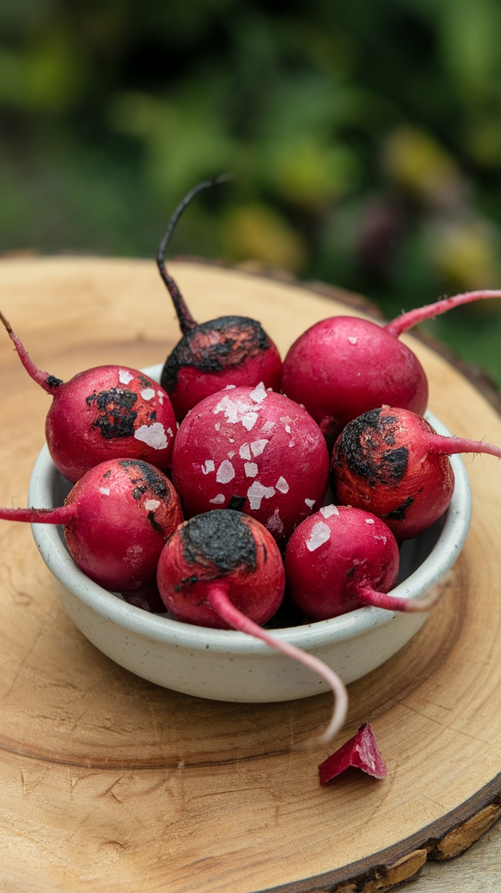 A bowl of charred grilled radishes sprinkled with sea salt