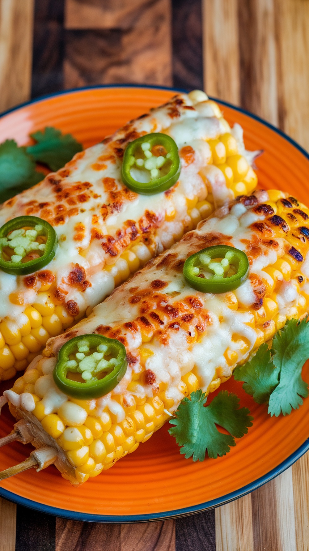 Cheesy Jalapeño Grilled Corn on a plate with cilantro garnish