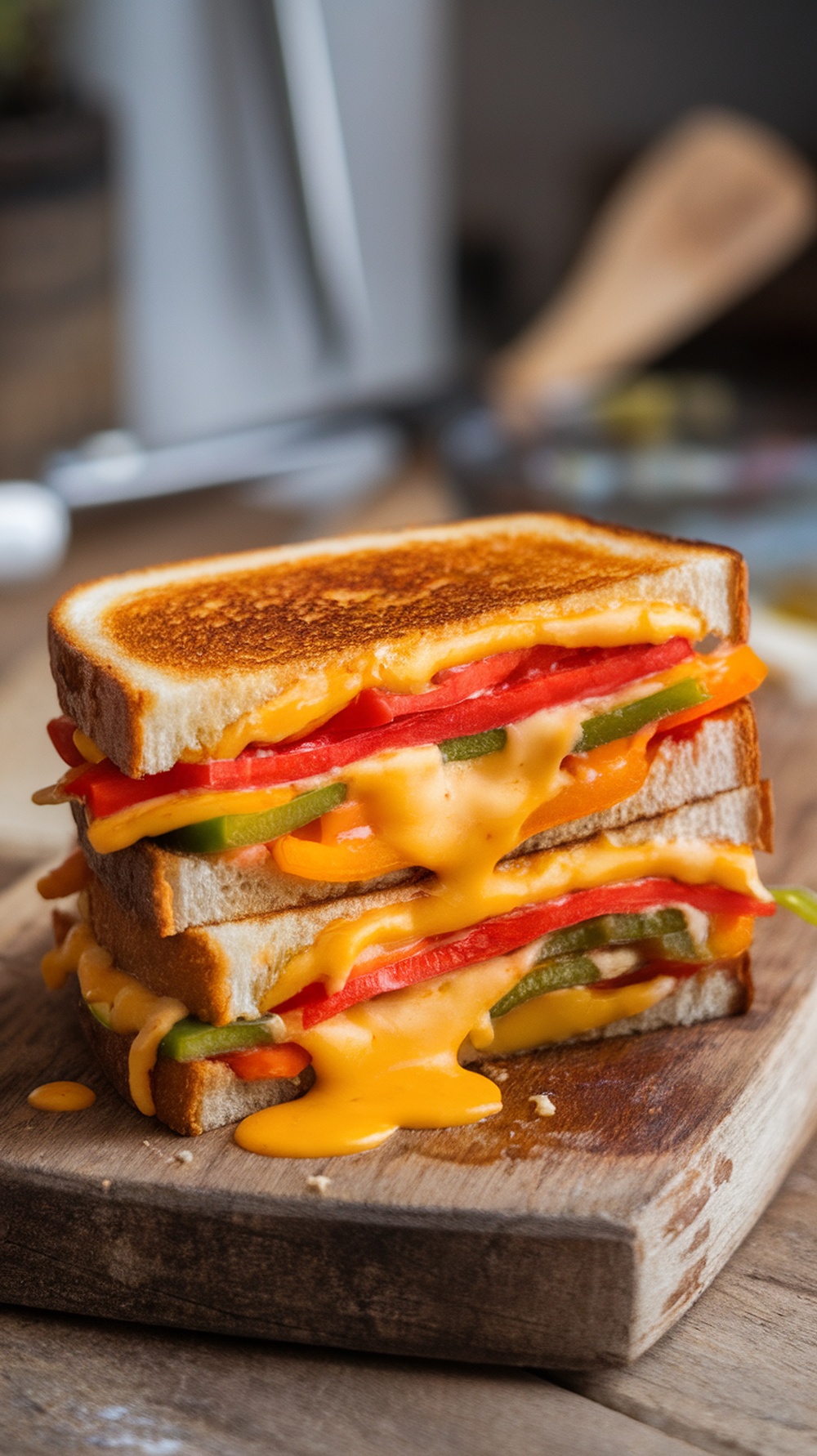 A delicious grilled cheese sandwich with layers of melted cheese and colorful bell peppers.