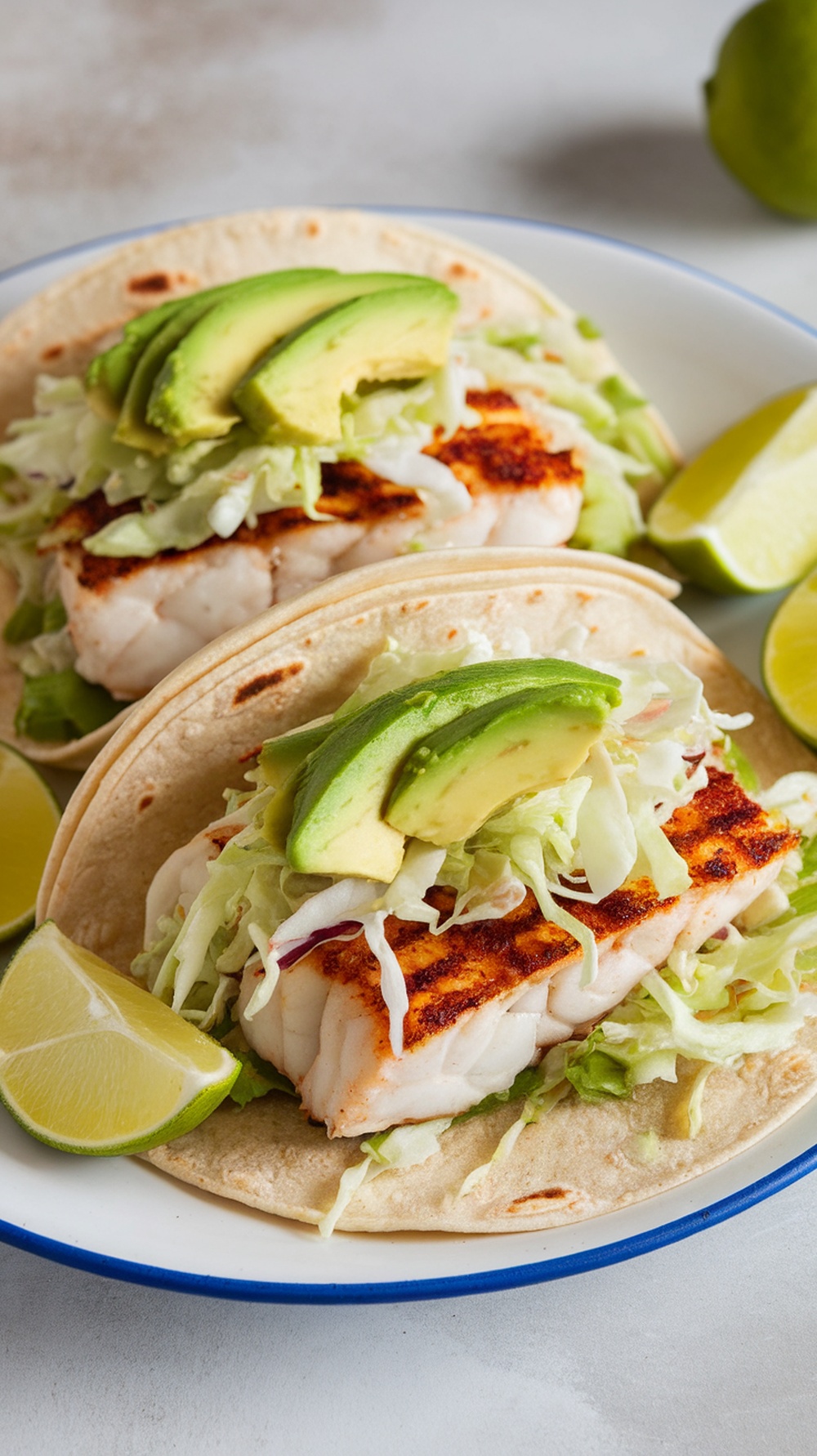 Chipotle Lime Grilled Cod Tacos with avocado and lime wedges