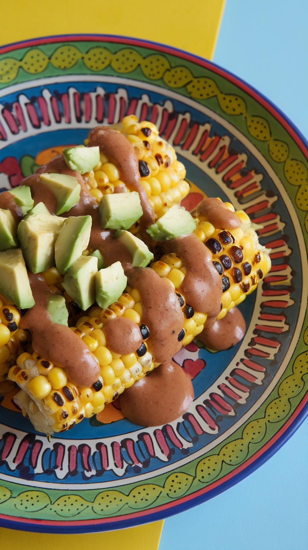 Grilled corn on the cob topped with avocado and chipotle sauce on a colorful plate.