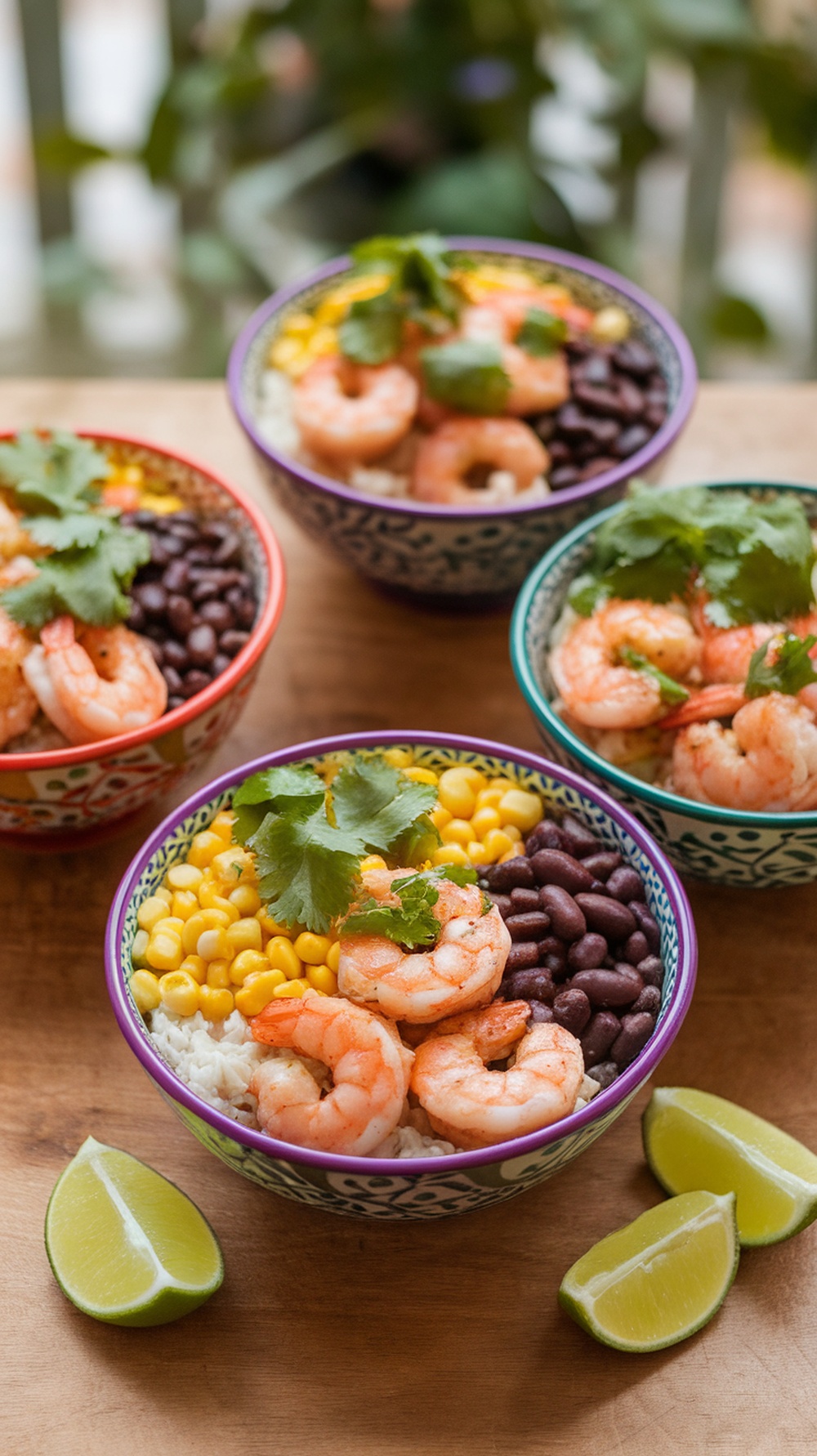 Colorful Chipotle Lime Grilled Shrimp Bowls with shrimp, rice, black beans, and corn