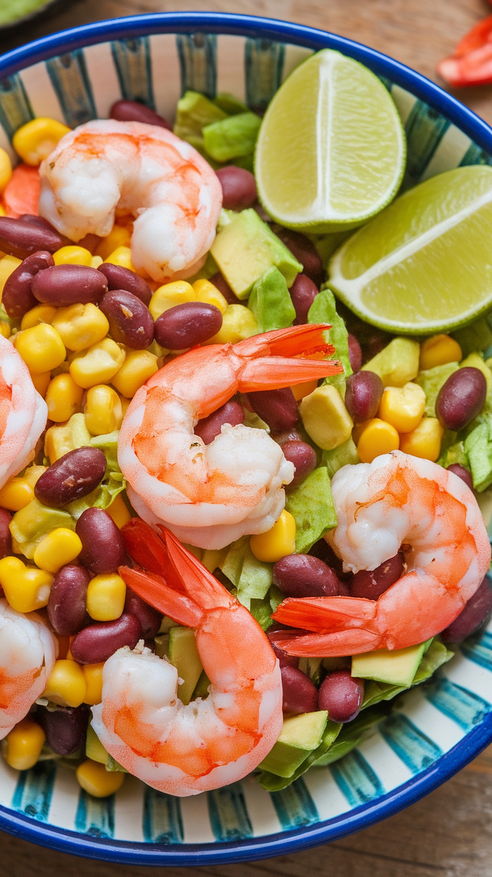 A colorful bowl of Chipotle Shrimp Salad with black beans, corn, and lime wedges.