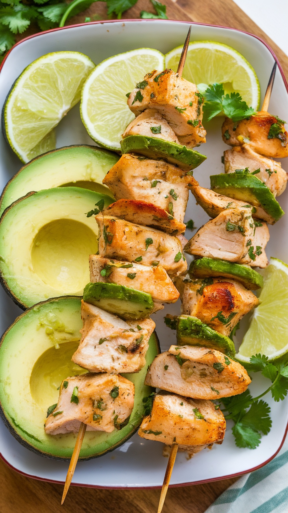 Cilantro Lime Chicken and Avocado Kabobs on a platter with lime wedges.