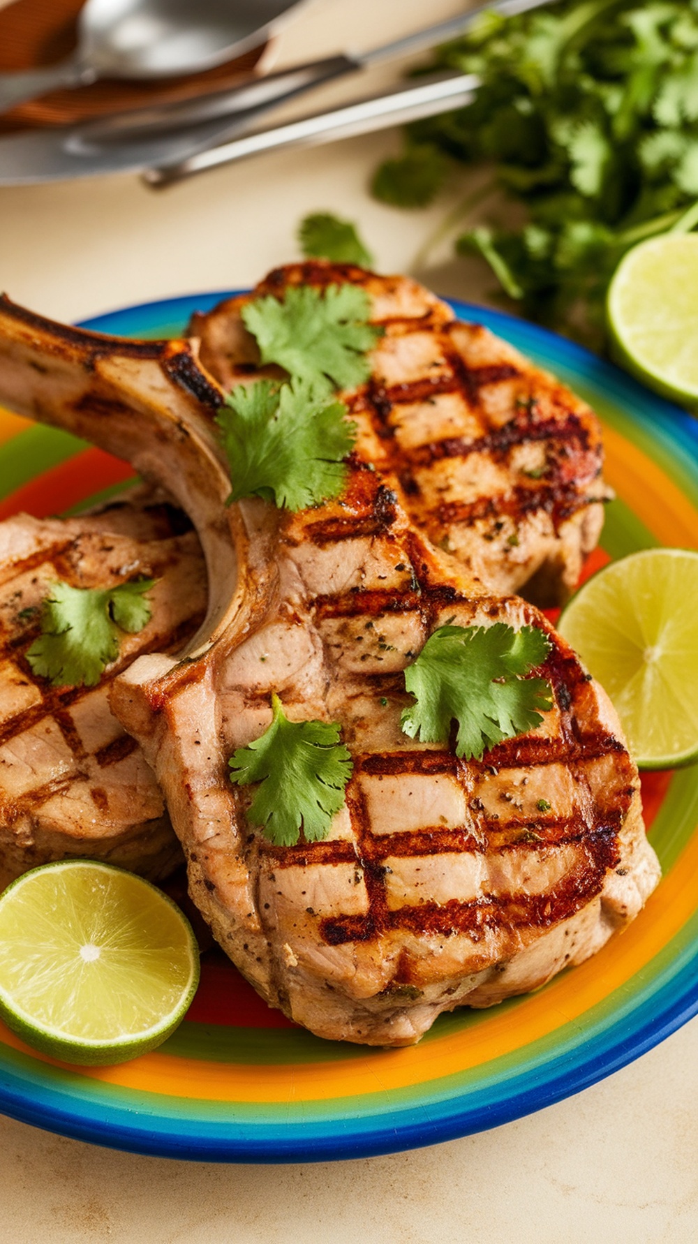 Grilled pork chops garnished with cilantro and lime slices on a colorful plate.