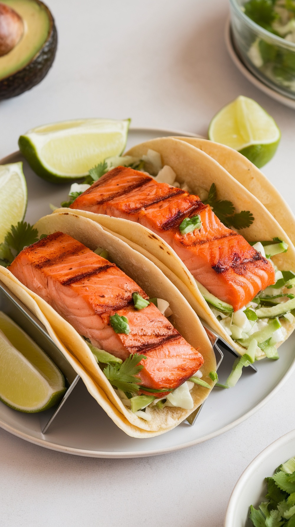 Cilantro Lime Grilled Salmon Tacos with lime wedges and avocado