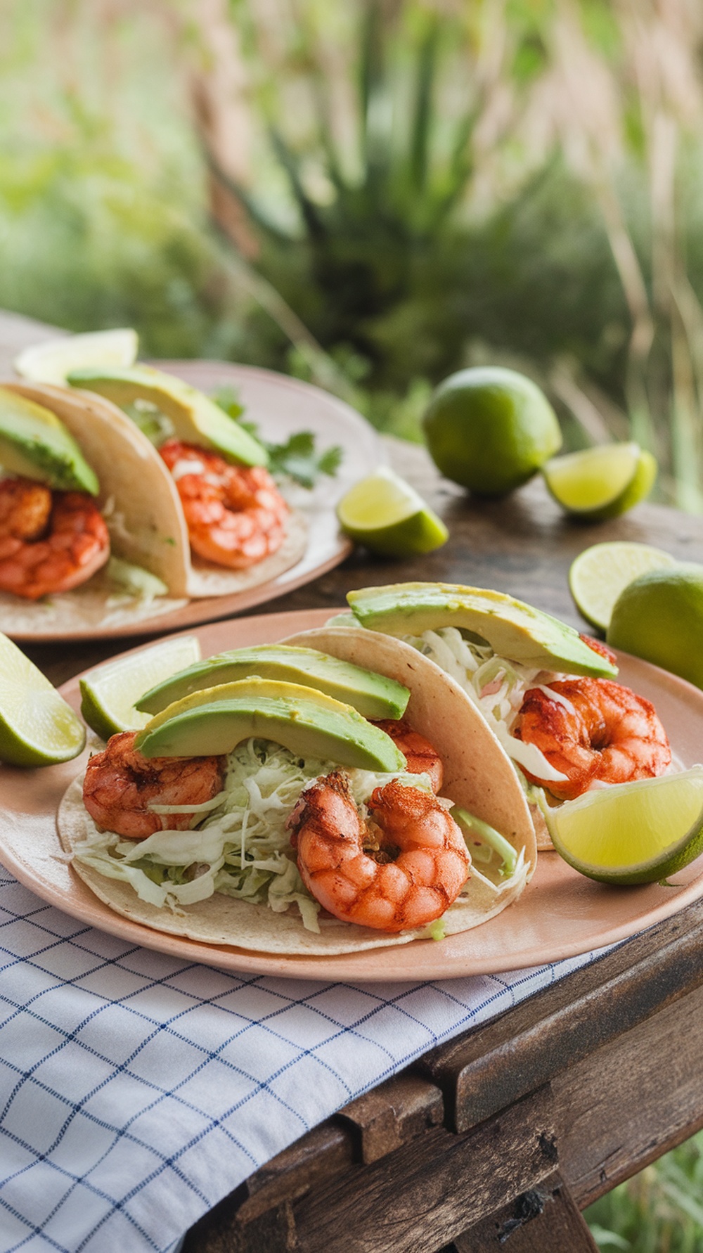 Cilantro Lime Grilled Shrimp Tacos with avocado and lime wedges