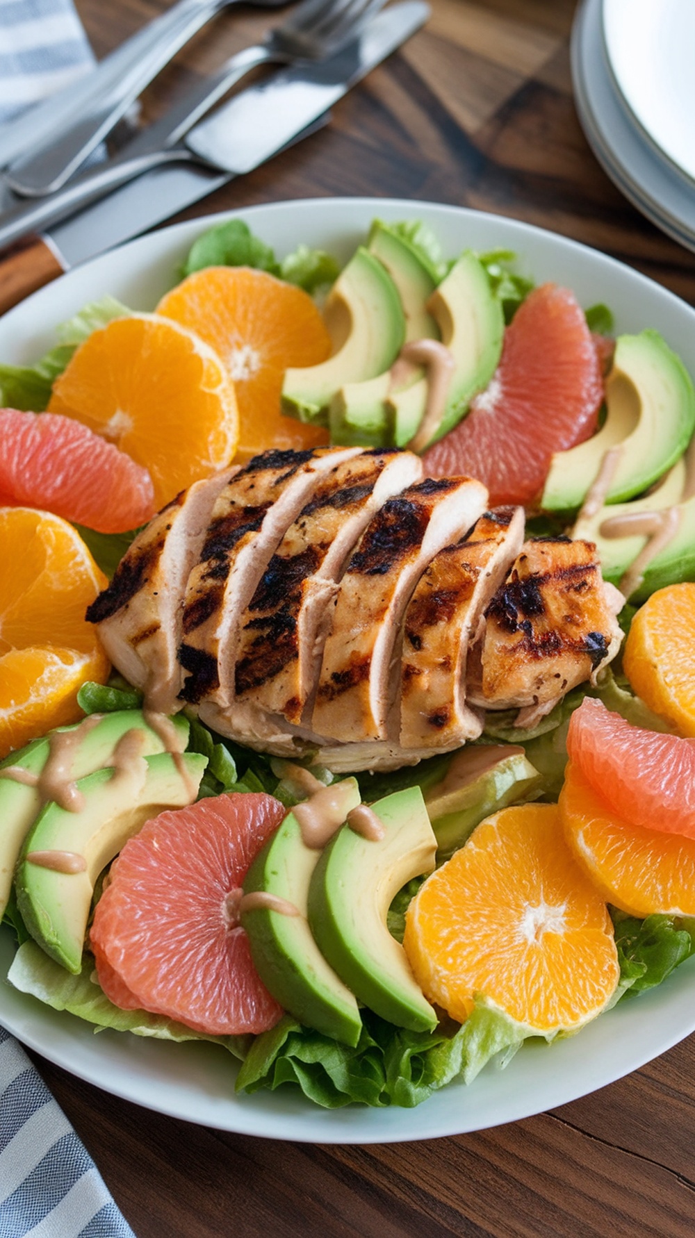 A vibrant Citrus Avocado Grilled Chicken Salad featuring grilled chicken, avocado slices, and citrus fruits on a bed of greens.