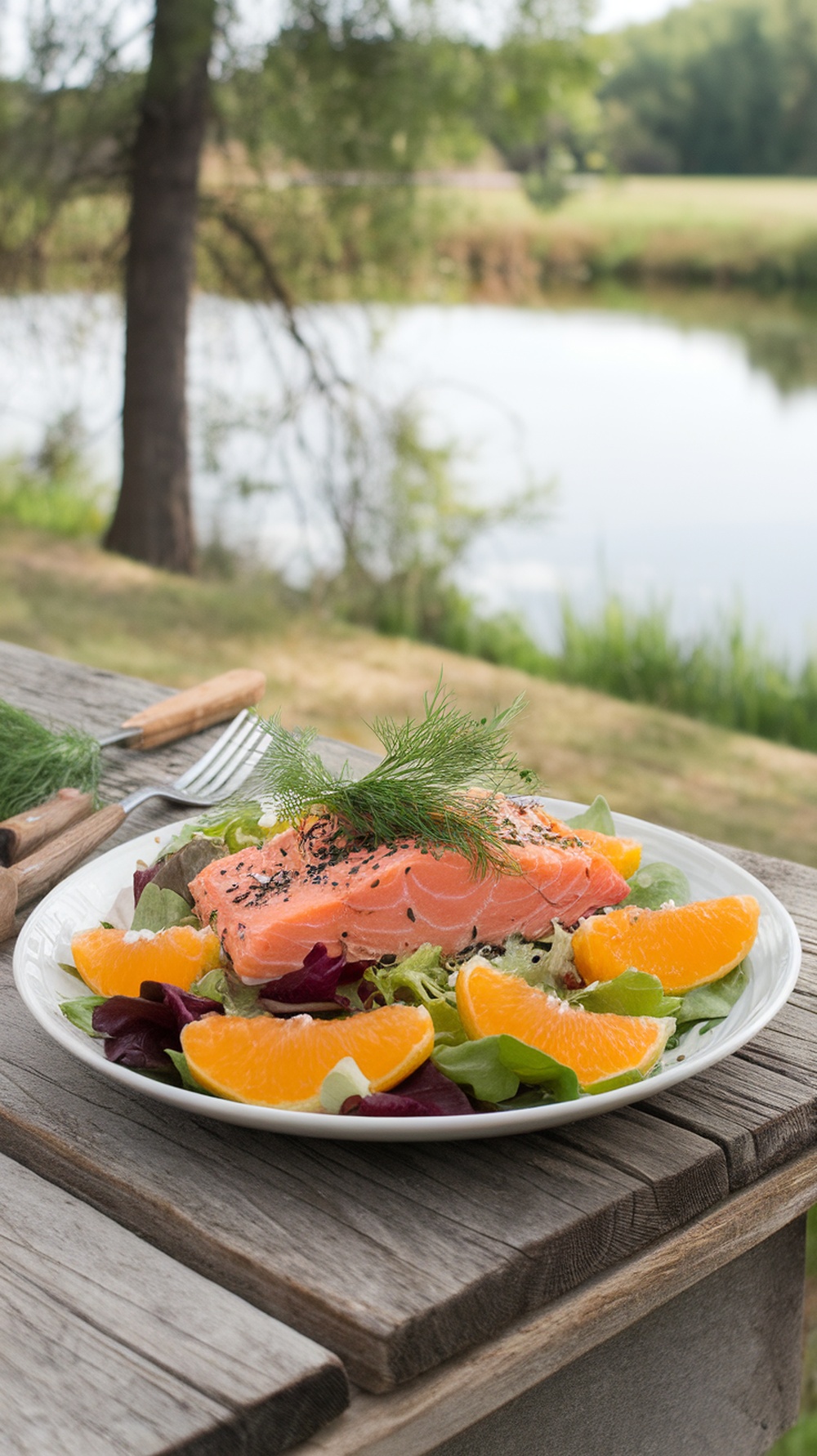 A fresh citrus avocado salmon salad served on a plate with greens and orange slices.
