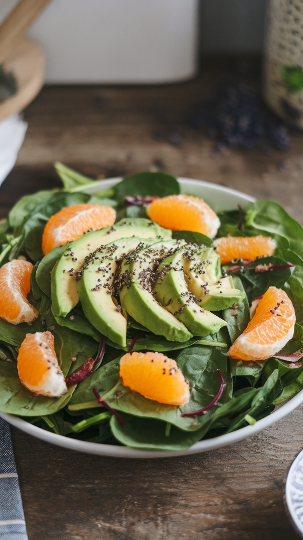 A vibrant Citrus Avocado Spinach Salad with slices of avocado and mandarin oranges on a white plate.