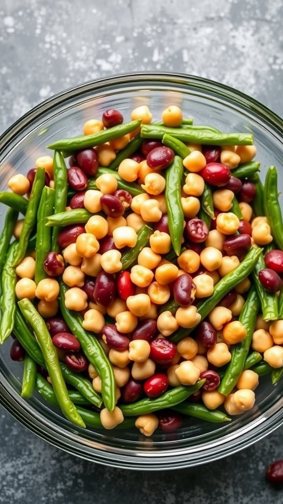 A colorful bowl of 5-bean salad with green beans, chickpeas, kidney beans, and a honey mustard dressing.