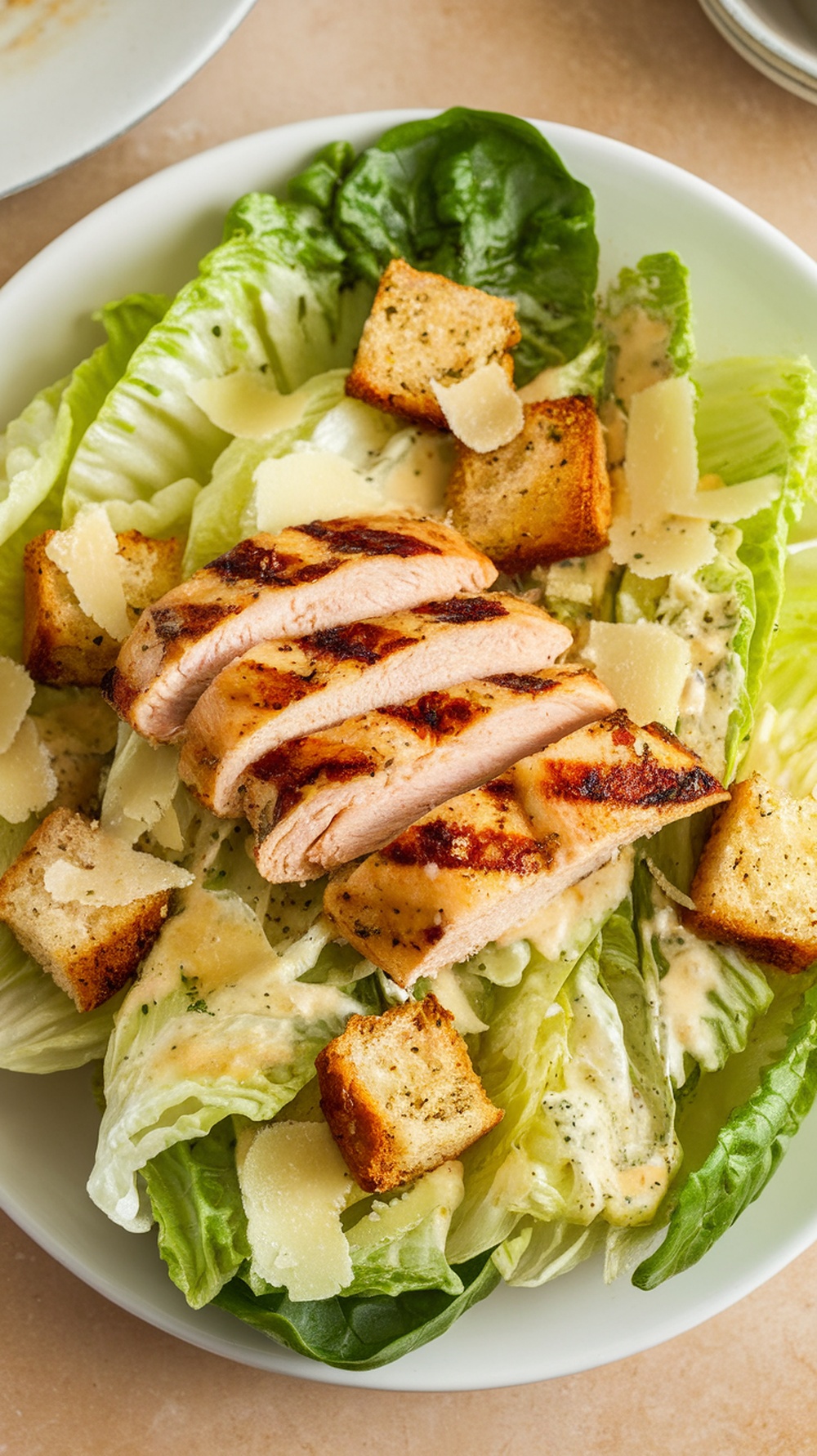 A delicious Classic Caesar Grilled Chicken Salad with homemade dressing, featuring grilled chicken, romaine lettuce, croutons, and Parmesan cheese.